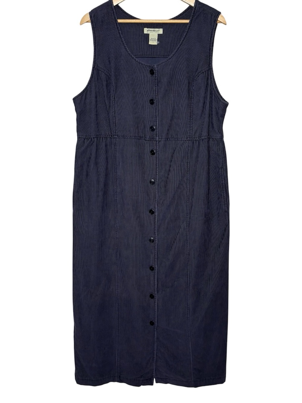 VTG Eddie Bauer Midi Dress Womens Large Cottage Farm Corduroy Jumper Button Blue